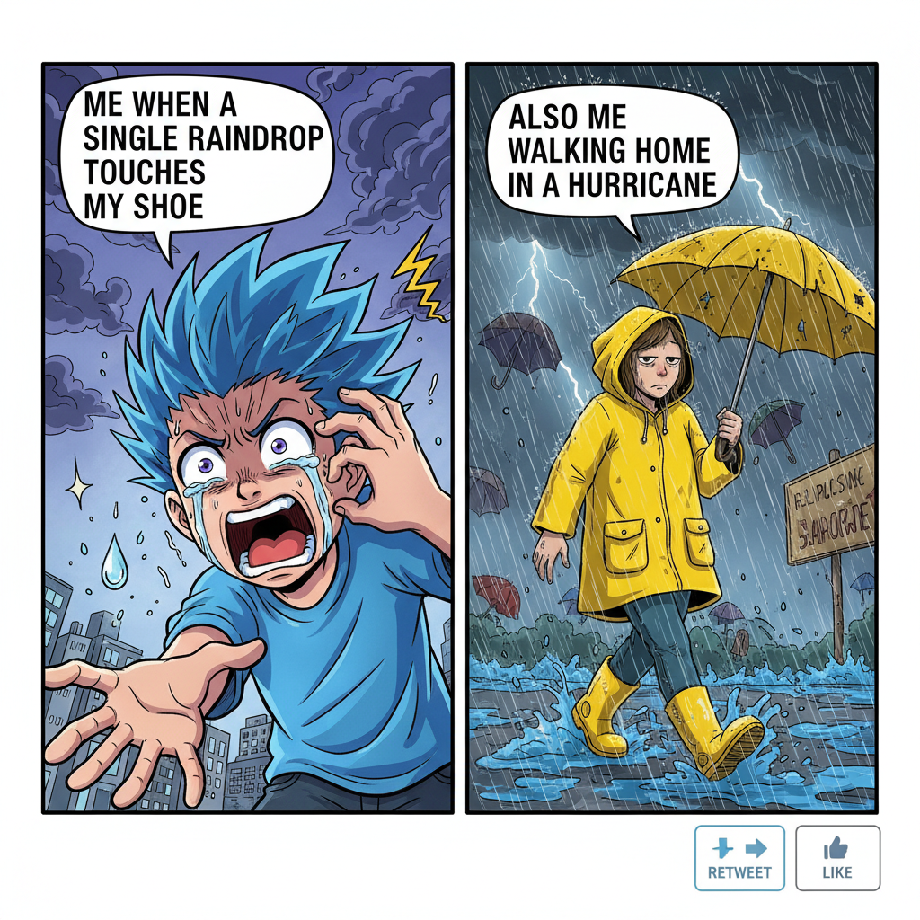 Anime characters when they see a single drop of rain vs. me when it's a hurricane