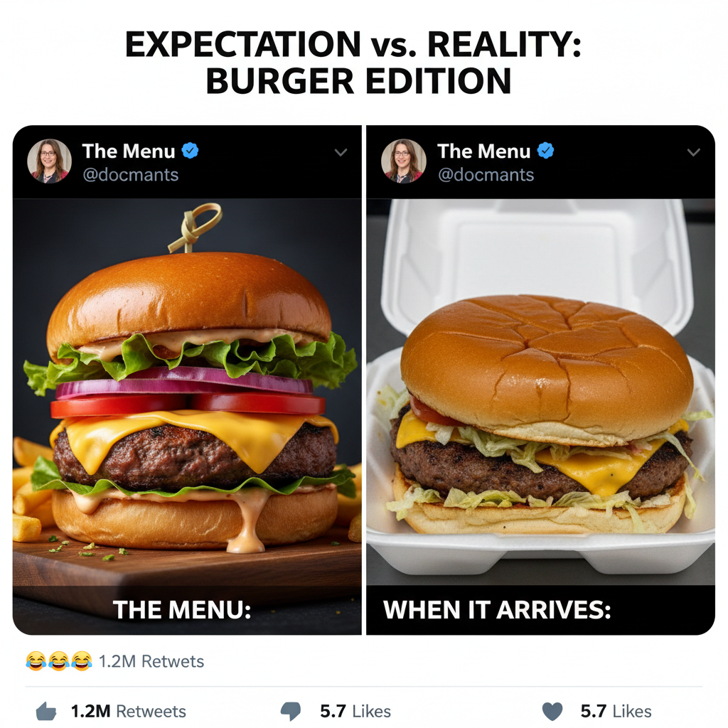 Ordered a gourmet burger, got something that looks like it lost a fight.