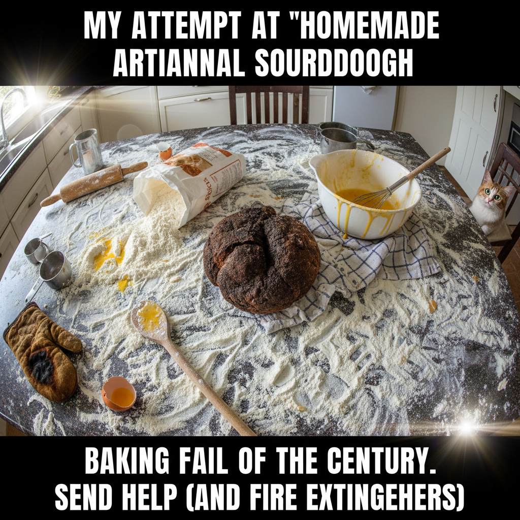 Attempted to bake bread. Now my kitchen looks like a crime scene and smells like regret.