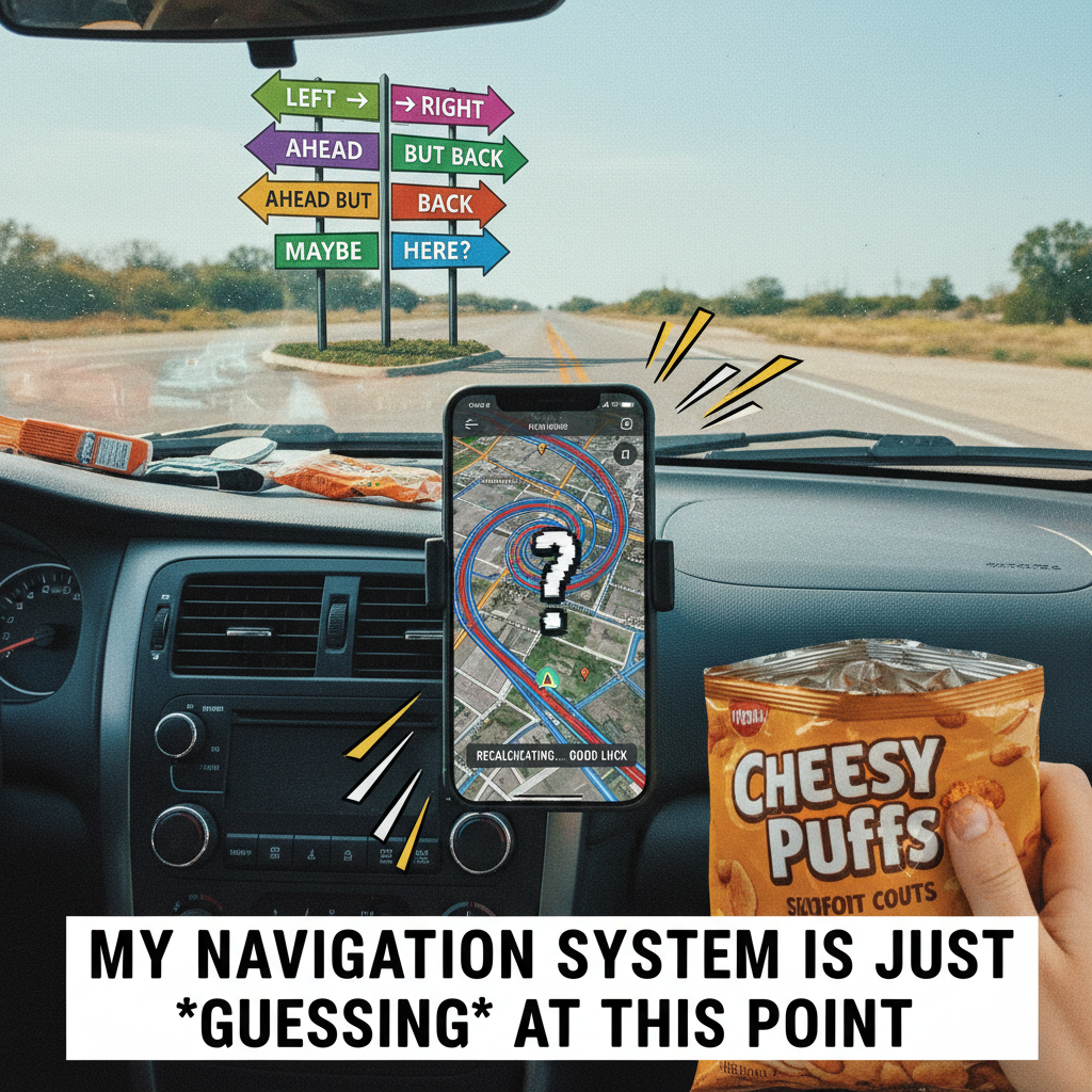 Road trip: 2 hours in, already lost, arguing over snacks, and the GPS is speaking in tongues.