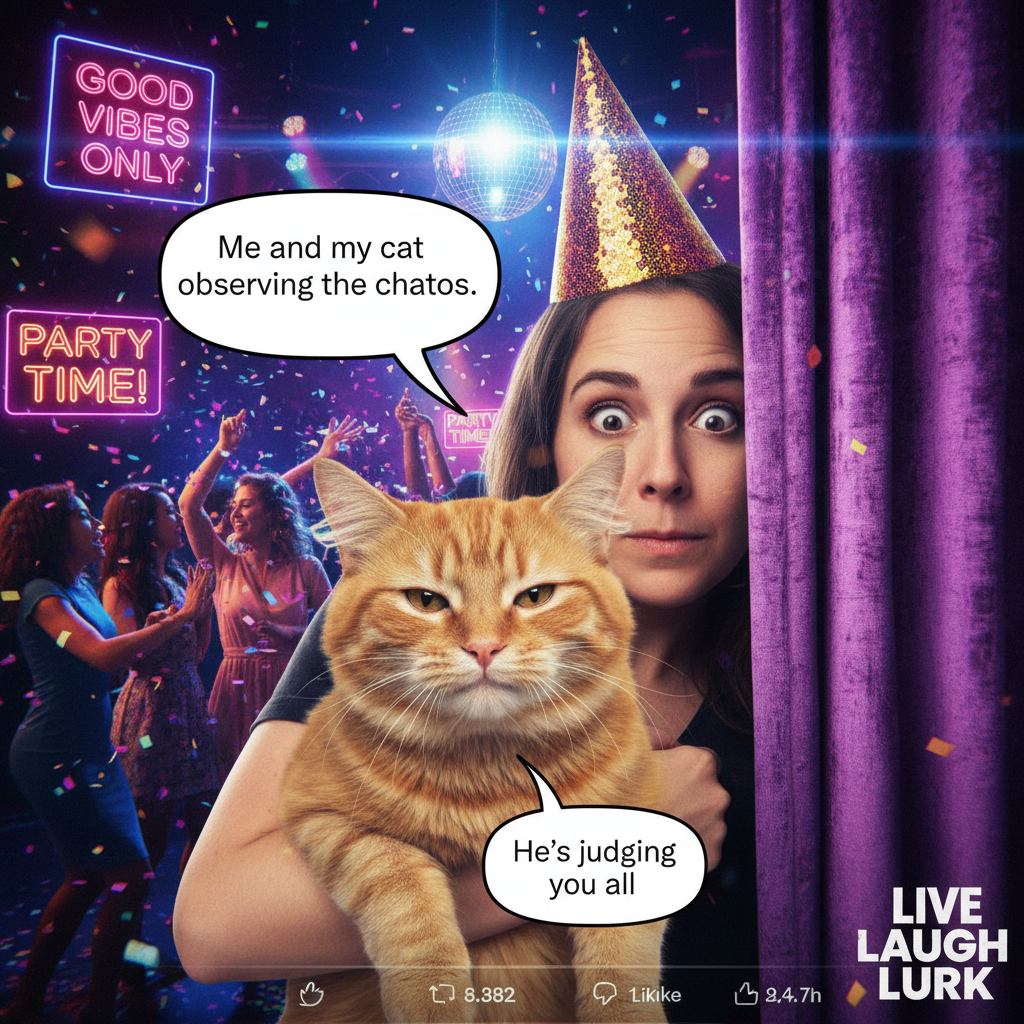 Introvert at a party: Charging my social battery by hiding with the host's cat.