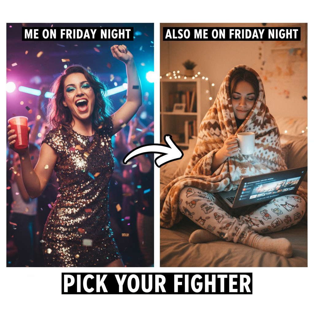 Extrovert: 'Let's go out!' Introvert: *already in pajamas*