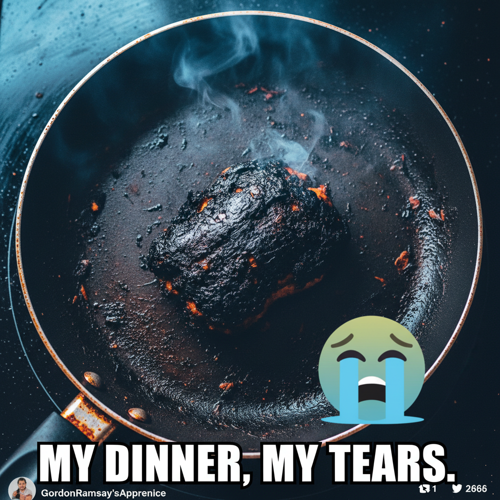 My 'gourmet' dinner turned into a charcoal briquette. Send help (and pizza).