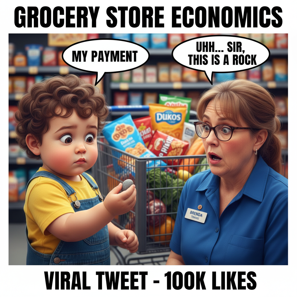 My toddler just tried to pay for groceries with a rock. Send wine.
