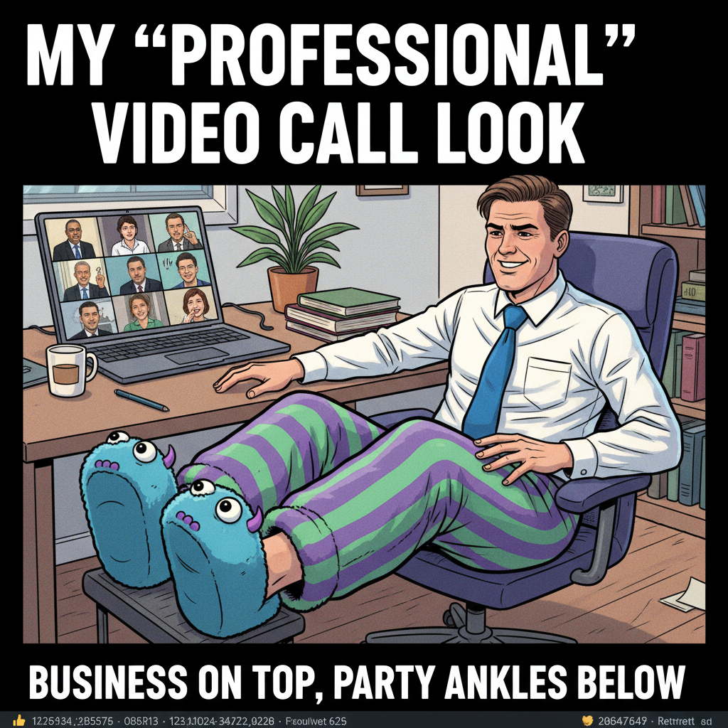 My WFH outfit: Business on top, pajama party on the bottom.