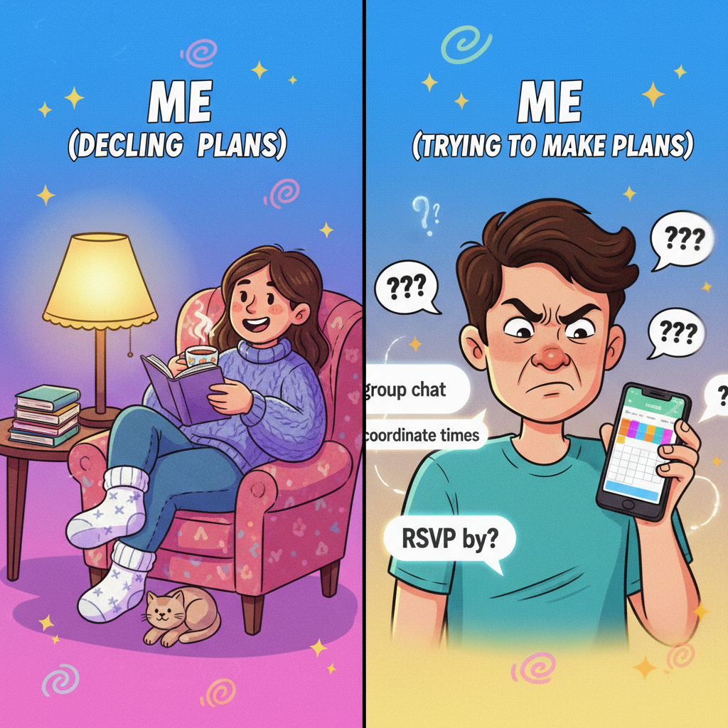 Introvert: 'I'm busy that day.' Extrovert: 'Doing what?' Introvert: 'Existing quietly.'