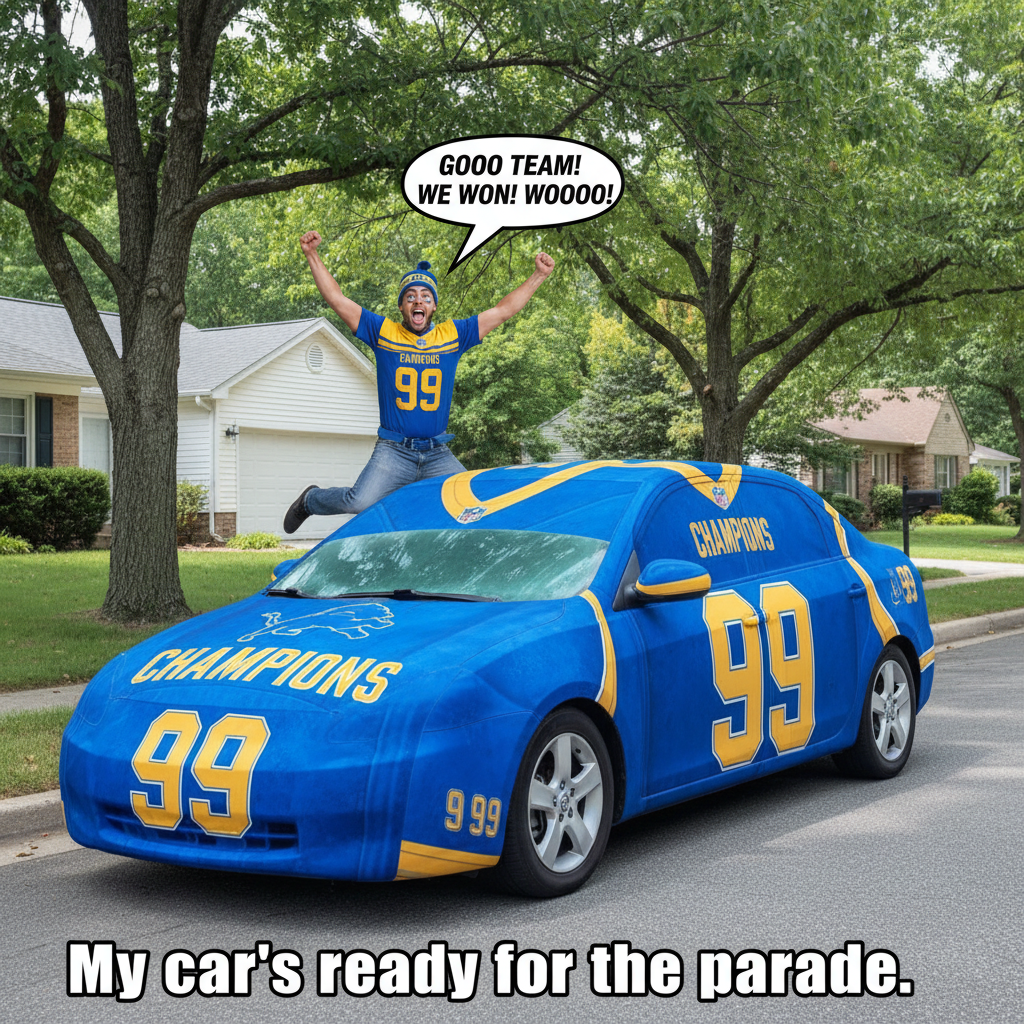 My team won. My neighbor's car is now wearing a jersey. This is not normal. #SportsFans