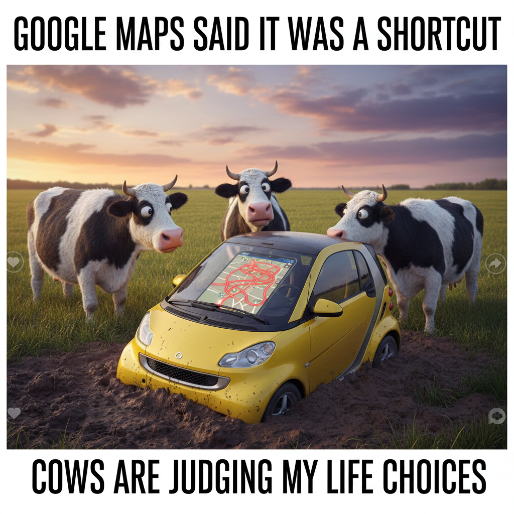 GPS said 'turn left now.' We're in a cow pasture. This isn't Europe.
