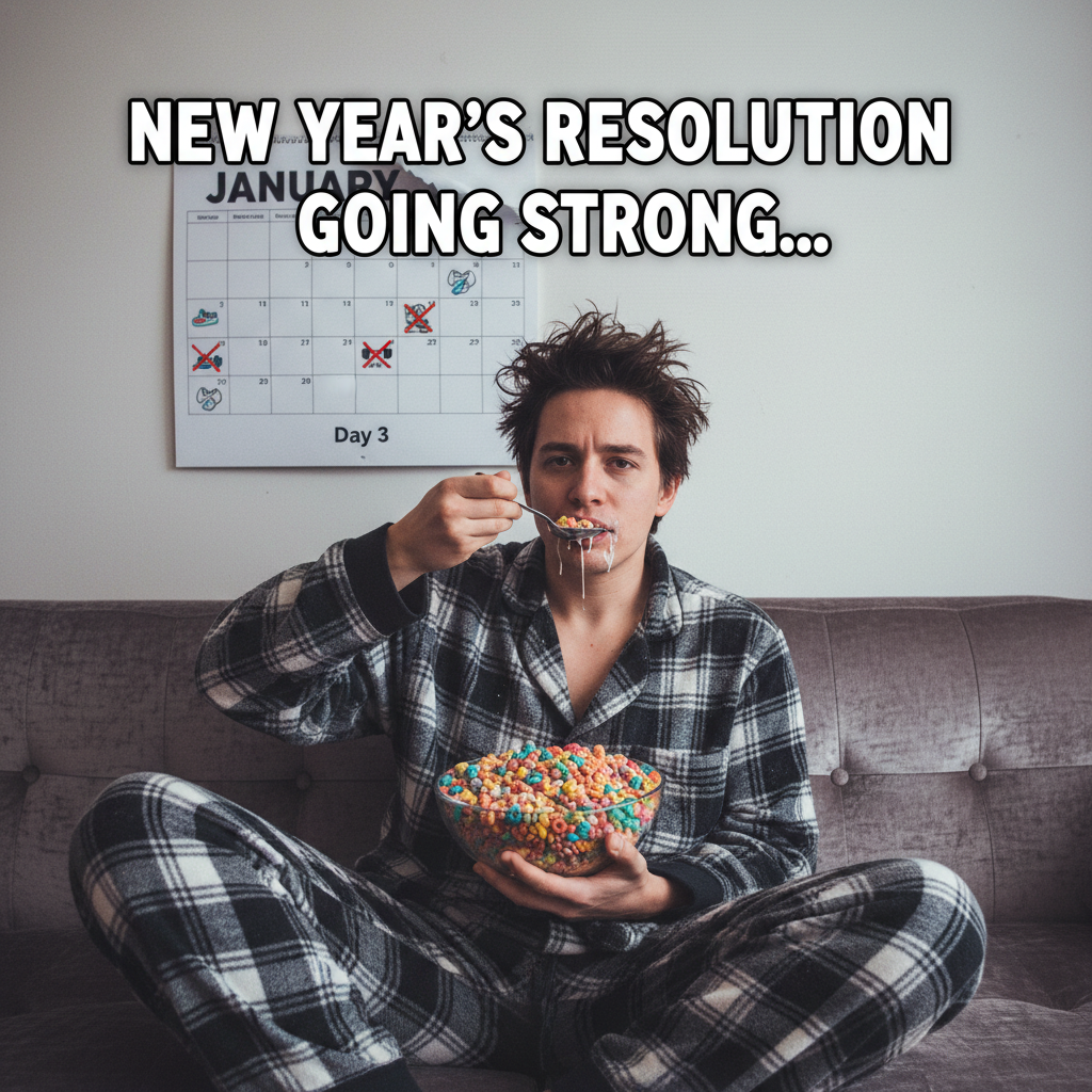 My New Year's resolution was 'eat healthier.' I'm currently eating cereal for dinner.