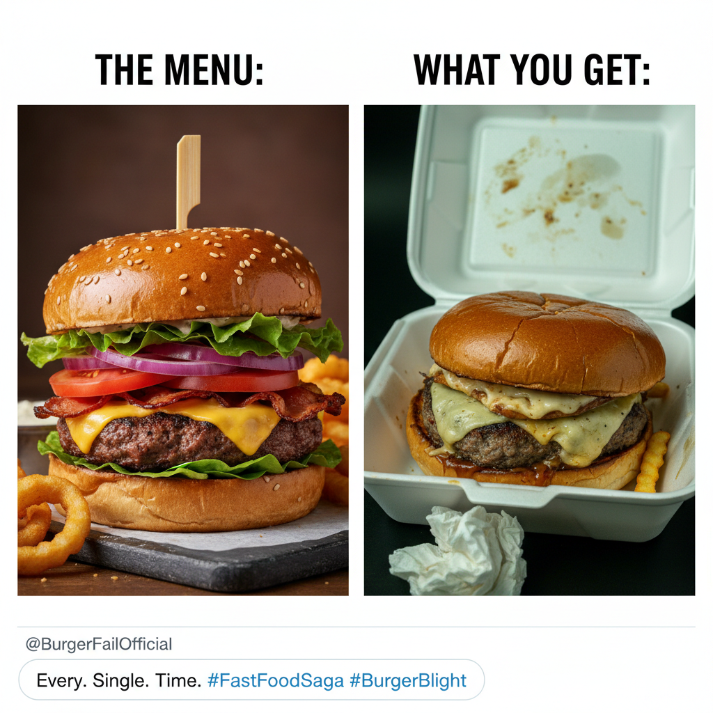 Ordered a gourmet burger. Got a sad patty in a bun. My disappointment is immeasurable.