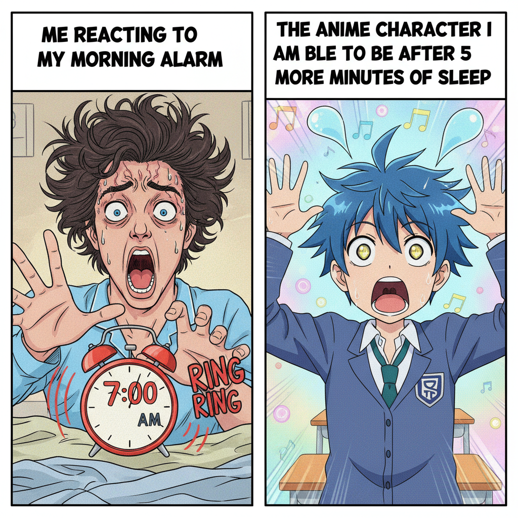 Me reacting to my alarm vs. anime characters reacting to a surprise attack. Same energy.