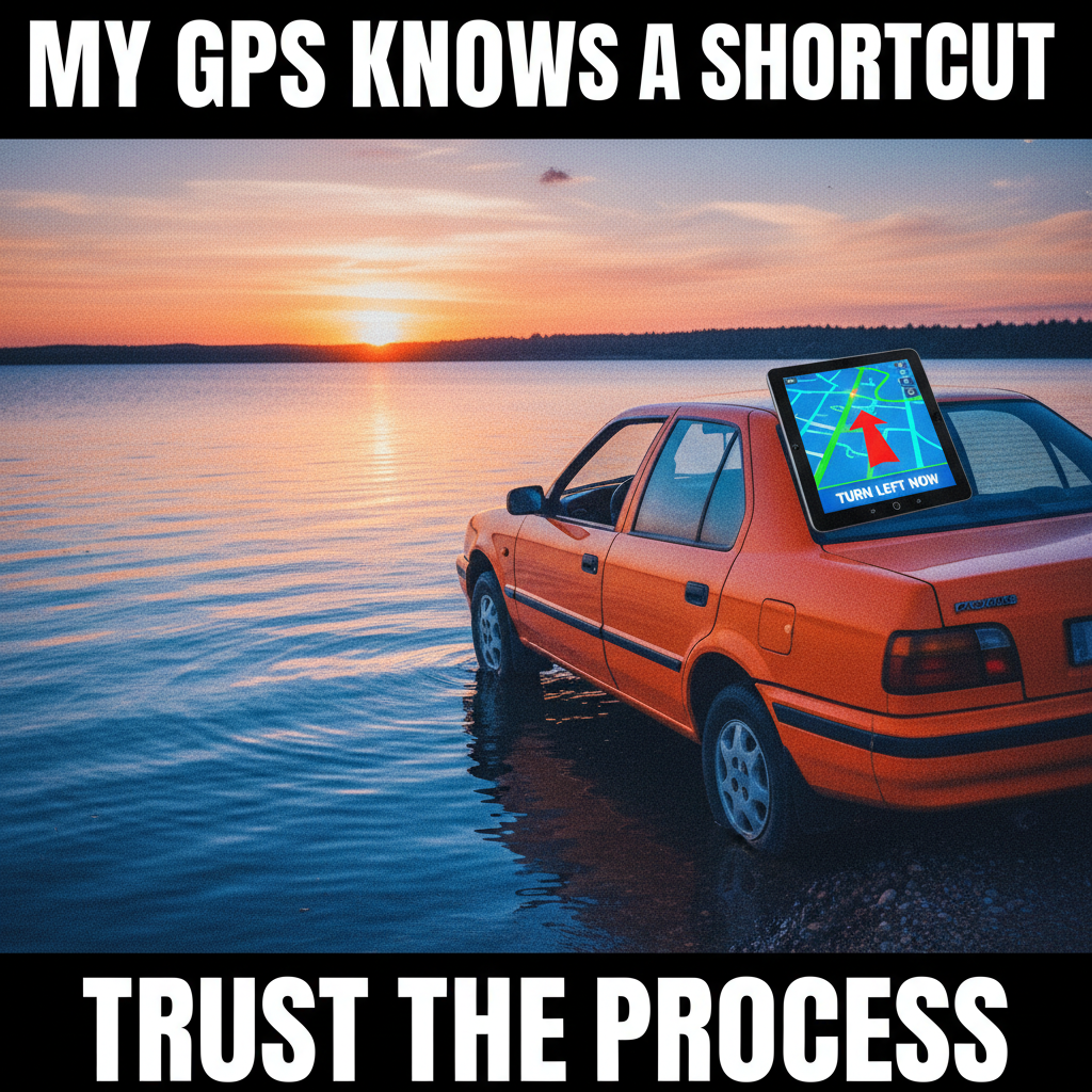GPS said 'turn left now' into a lake. My car almost believed it. #TravelMishap