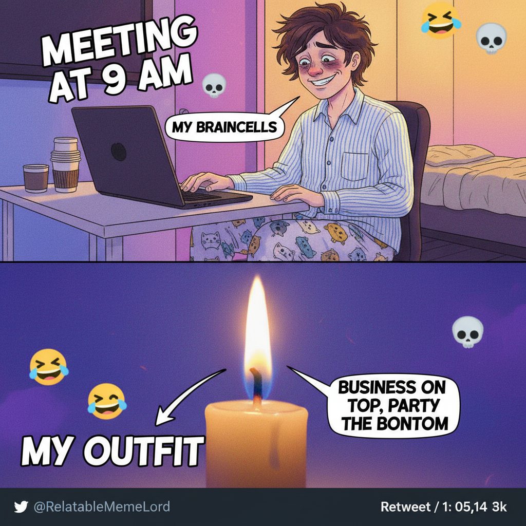 My 'work from home' outfit is 80% pajamas, 20% existential dread. Productivity: 0%