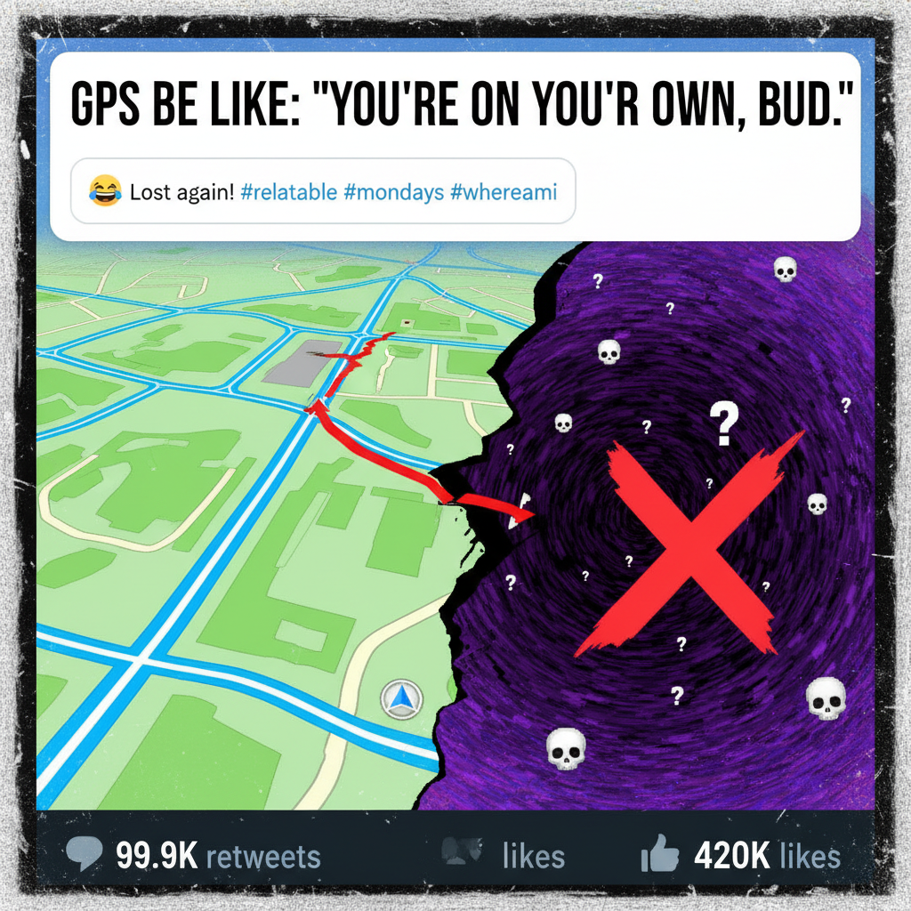 Road trip rule #1: Never trust the GPS when it says 'turn left into the void.'