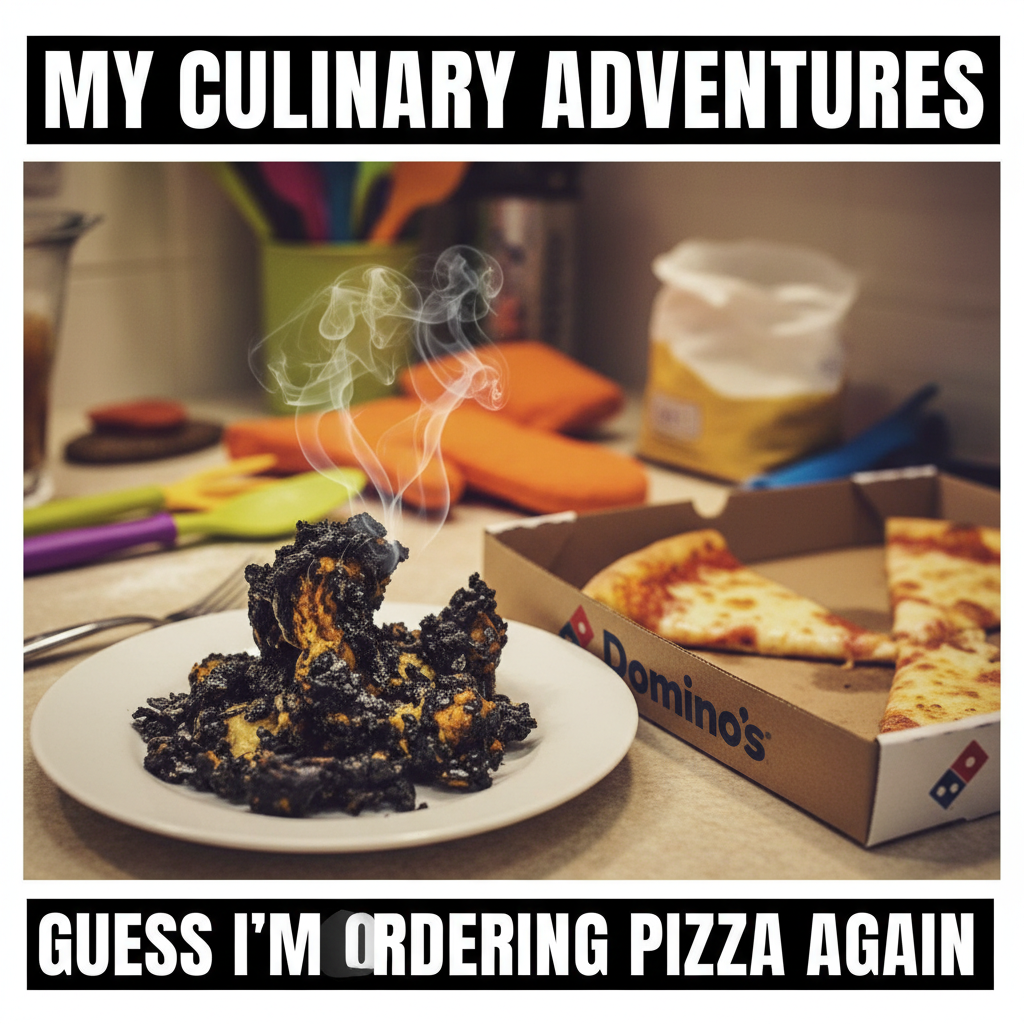 My 'gourmet' dinner turned into a charcoal briquette. Send help (and pizza). #CookingFail