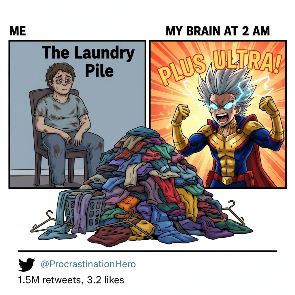 Me trying to adult vs. my inner anime protagonist screaming 'PLUS ULTRA!' at a pile of laundry.