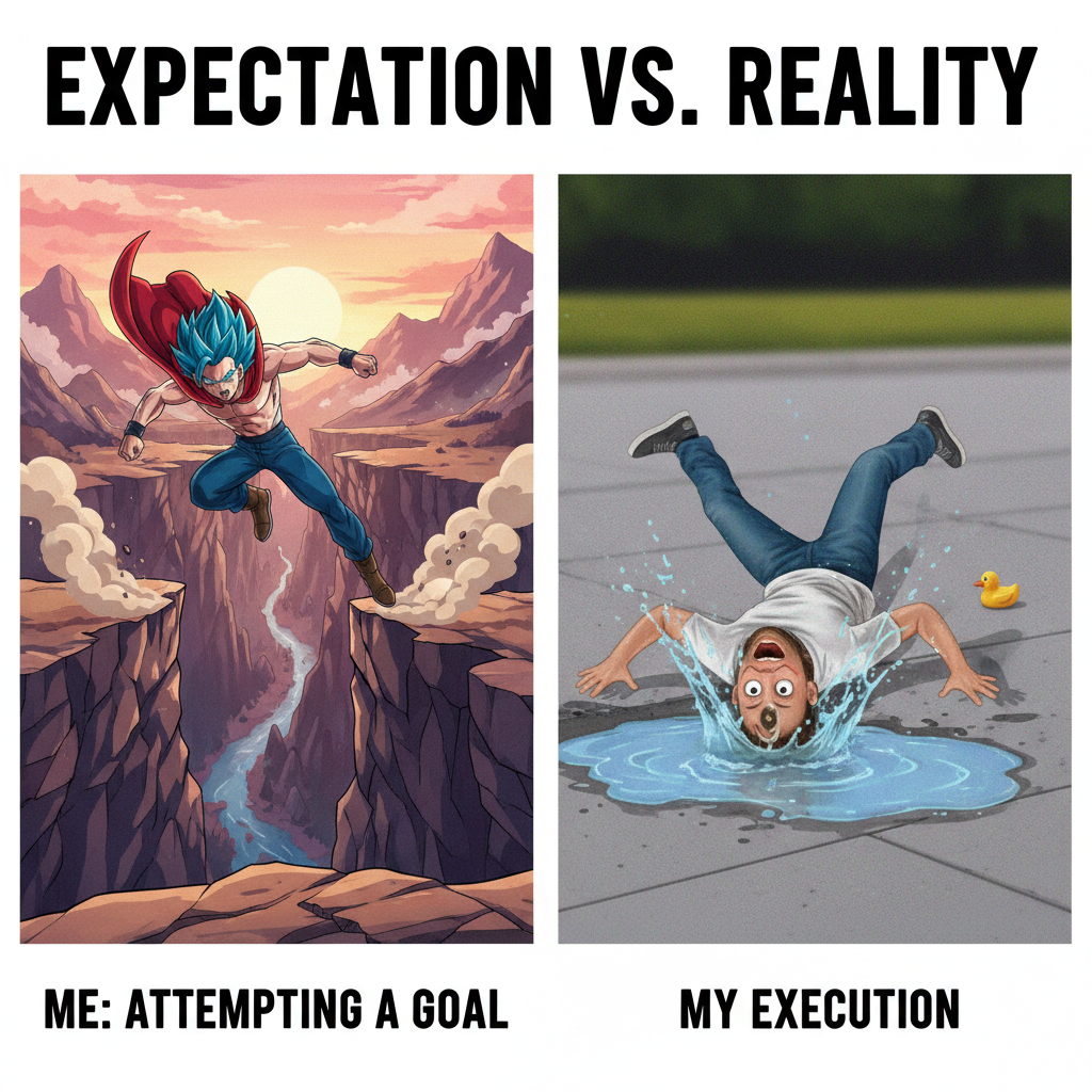 Me trying to use anime logic in real life: 'I can definitely jump that gap.' (Narrator: He could not.)