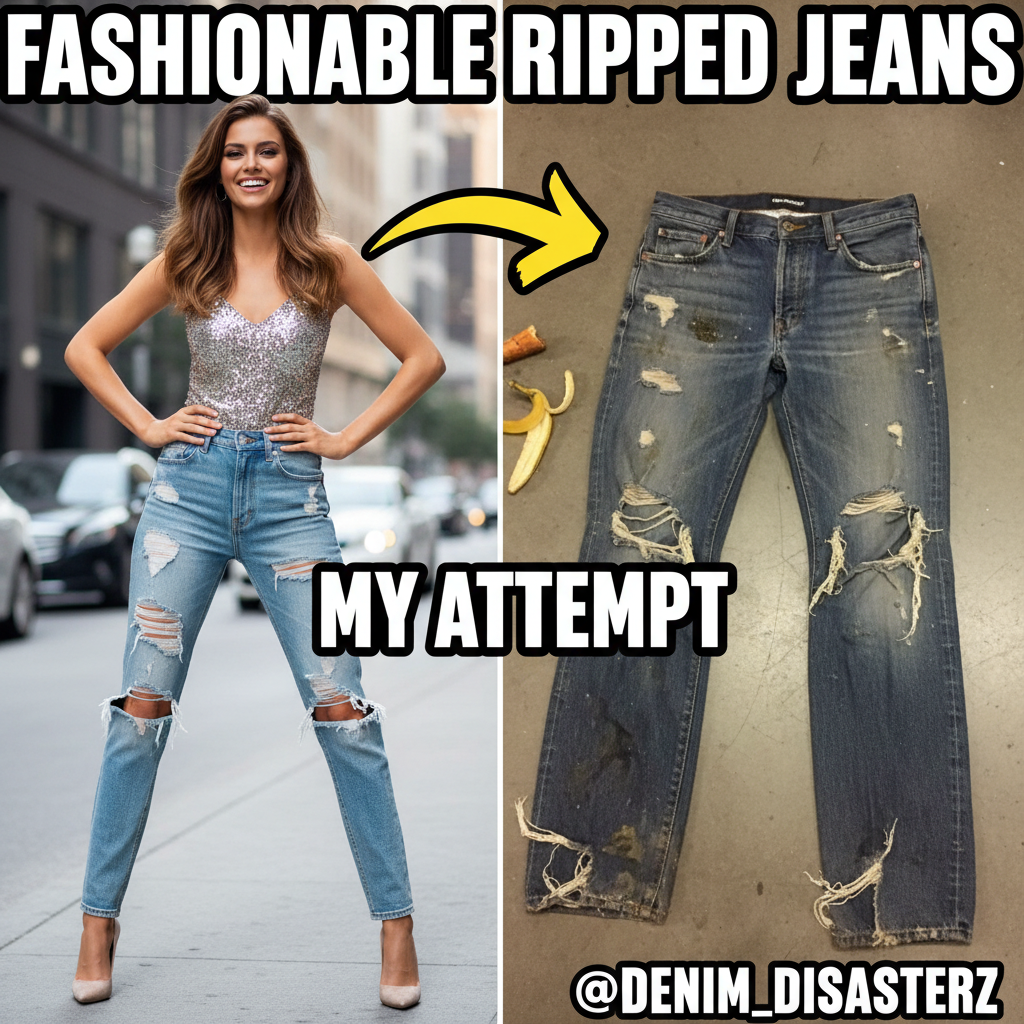 Bought 'designer' jeans online. They arrived looking like they lost a fight with a lawnmower.