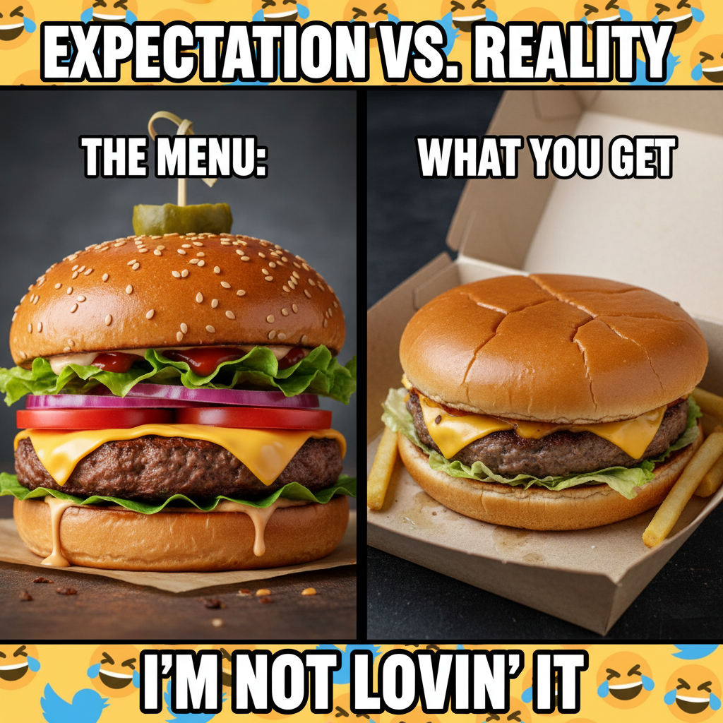 Ordered a gourmet burger. Got a sad patty on a soggy bun. My disappointment is immeasurable.