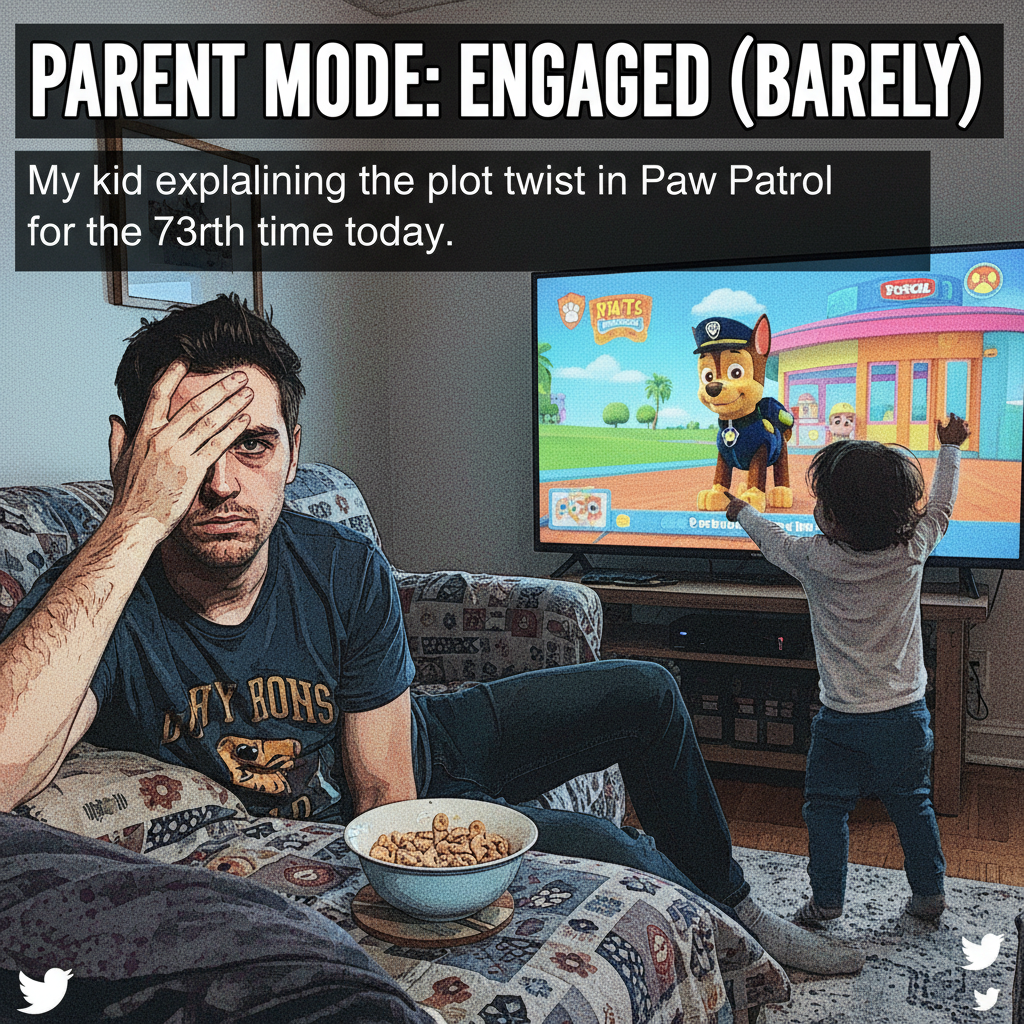 My toddler just explained the plot of Paw Patrol to me for 30 minutes. I'm trapped.