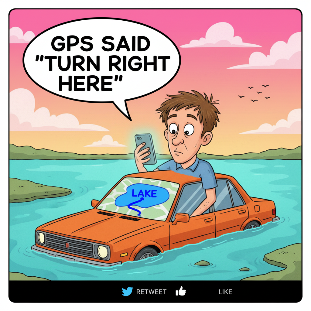 GPS: 'In 50 feet, turn left.' Me: *drives into a lake* 'Are you sure about that?'