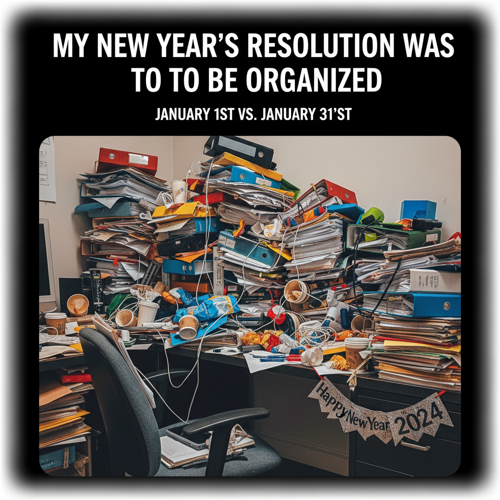 My New Year's resolution was to be more organized. My desk currently looks like a paper tornado.