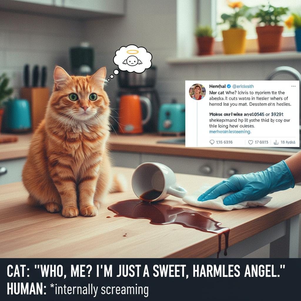 My cat just knocked my coffee over, then purred when I cleaned it up. I still love him. 😭