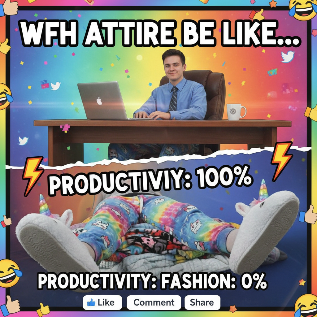 My WFH uniform: PJs on bottom, business casual on top. The ultimate disguise. 🤫
