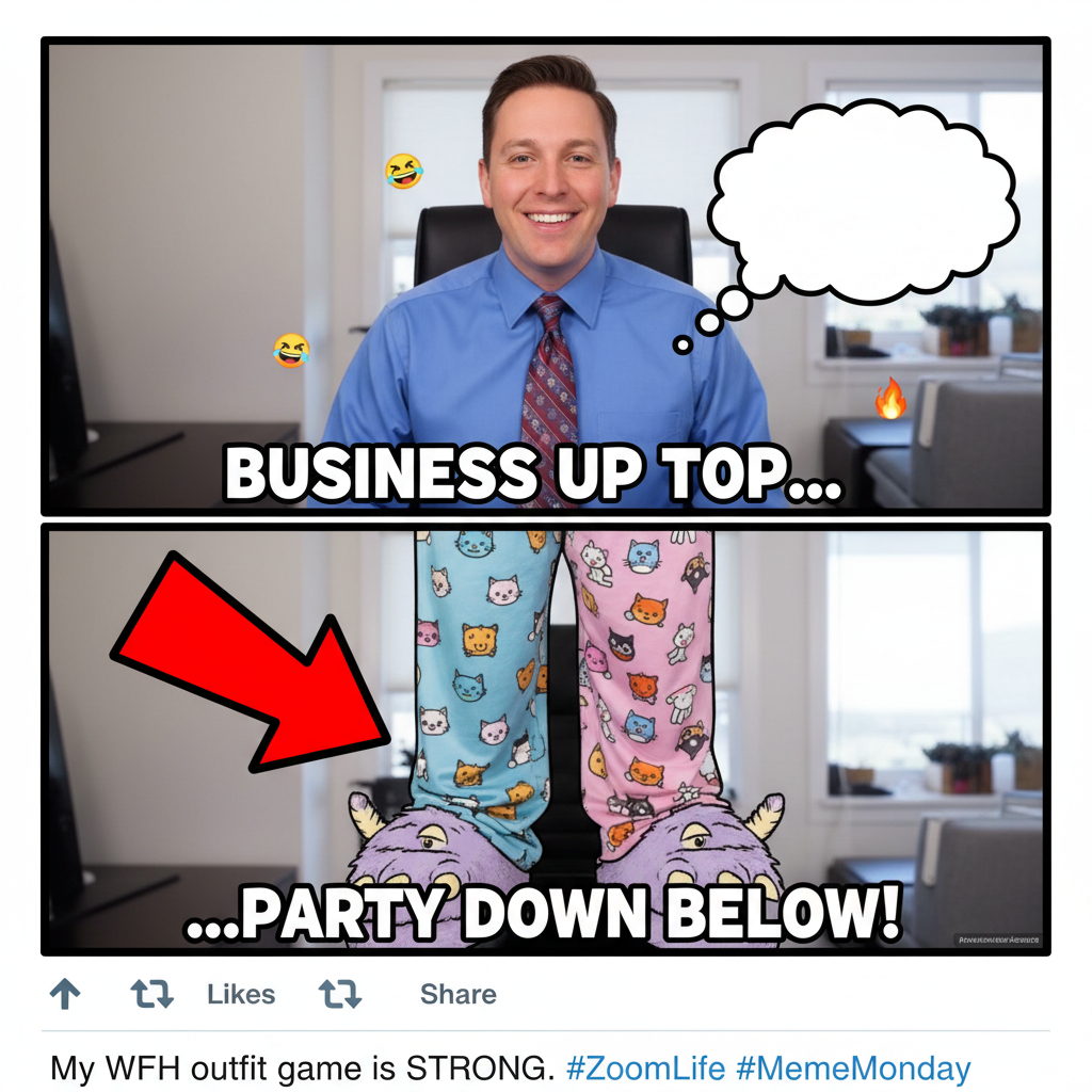 My WFH uniform: Business on top, pajama pants and questionable life choices on bottom.