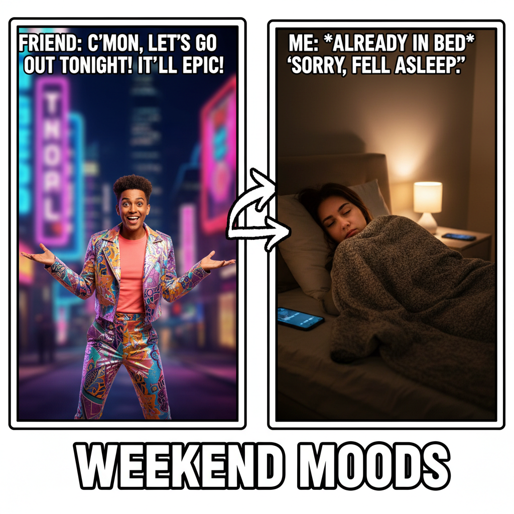 Extrovert: 'Let's go out!' Introvert: *already in pajamas, pretending to be asleep*