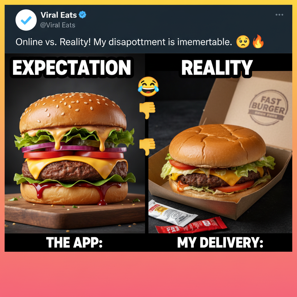 Food delivery pic vs. what actually arrived. I ordered a burger, not a crime scene. 😭