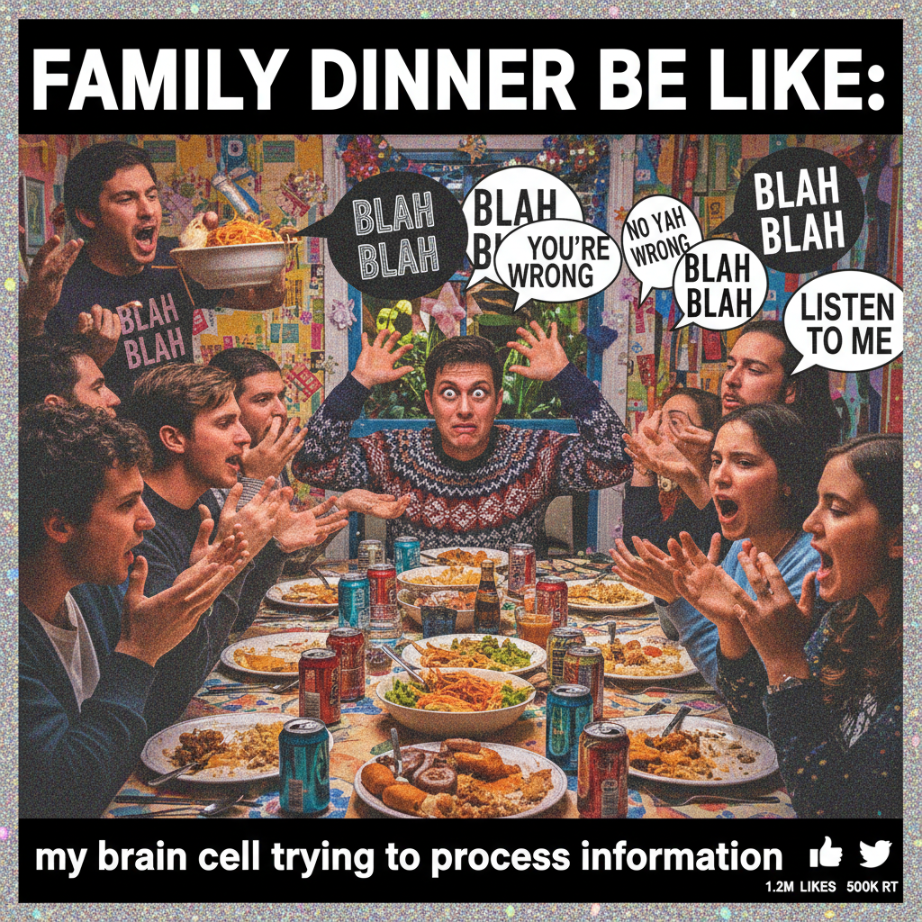 Holiday dinner: where 'pass the salt' turns into a 3-hour debate about politics. Send help. 🍷
