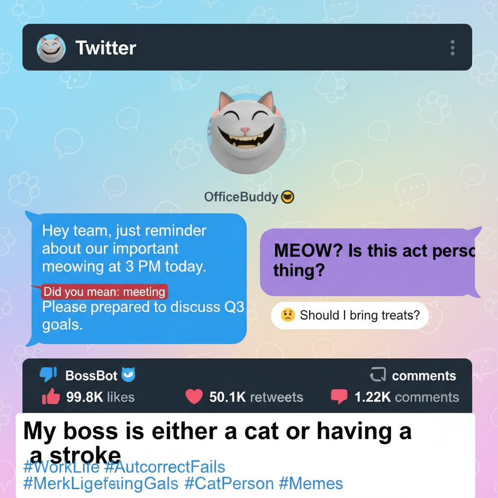 Autocorrect changed 'meeting' to 'meowing.' My boss thinks I'm a cat now. Purr-fect. 😼