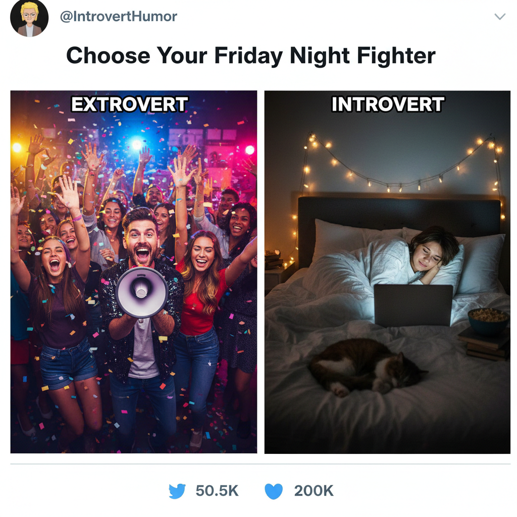 Extrovert: 'Let's go to that huge party!' Introvert: *already in bed*