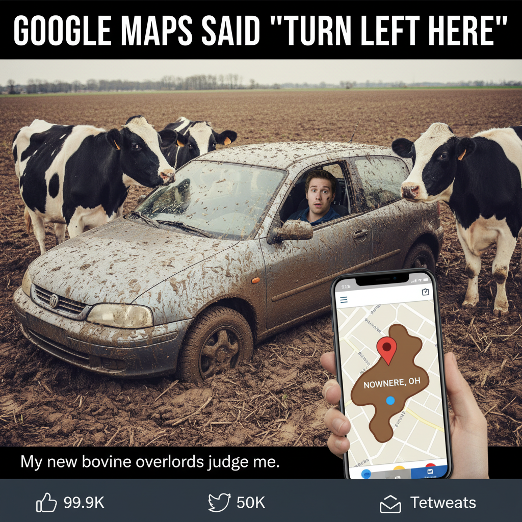 GPS said 'turn left now.' We're in a cow pasture. This isn't Kansas anymore.