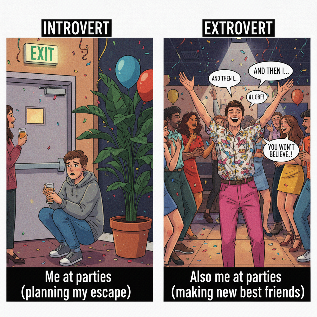 Introvert at a party vs. Extrovert at a party: A tale of two energies.