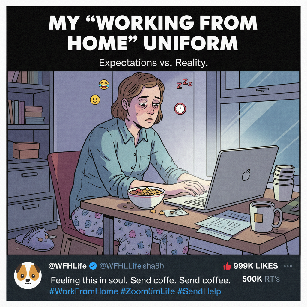 My 'work from home' uniform is 50% pajamas, 50% existential dread. Productivity: 0%