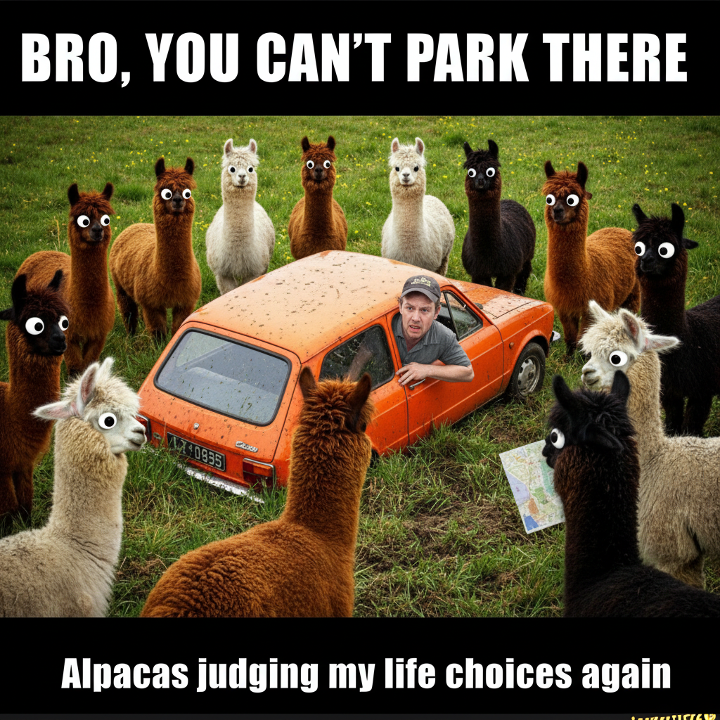 GPS said 'turn left.' I turned left. Now I'm in a field of alpacas. 10/10 road trip.