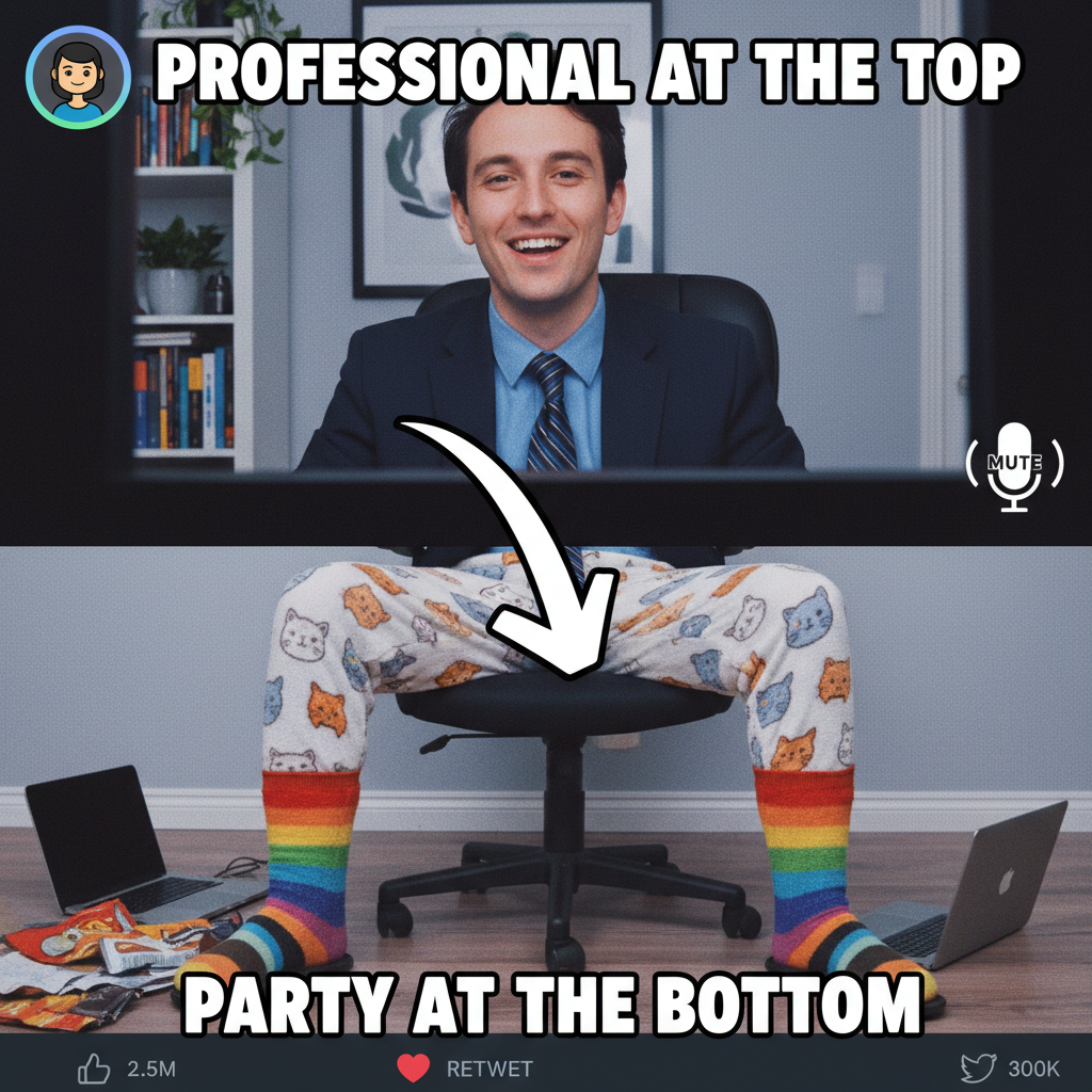 My WFH uniform: business on top, pajama pants on the bottom. The ultimate power move.
