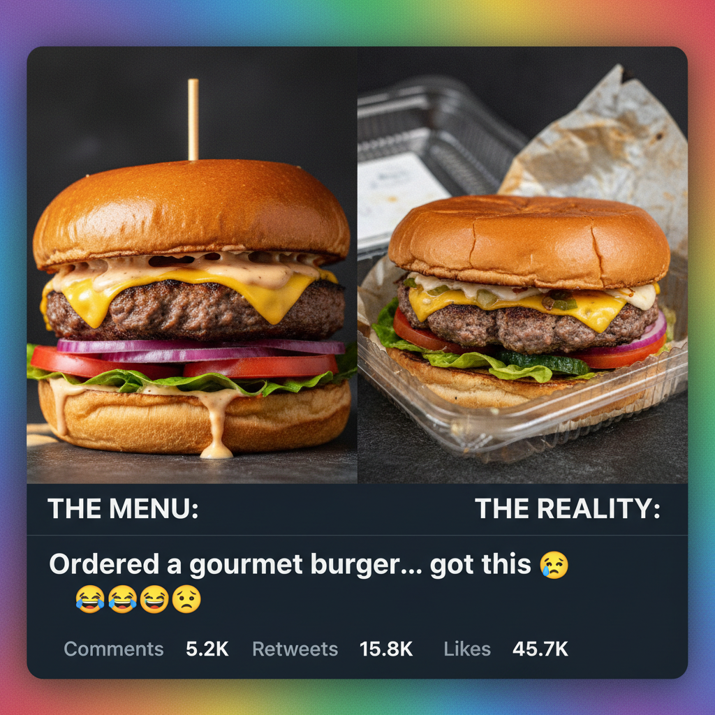 Ordered a gourmet burger, got a sad patty on a bun. My dreams are crushed.