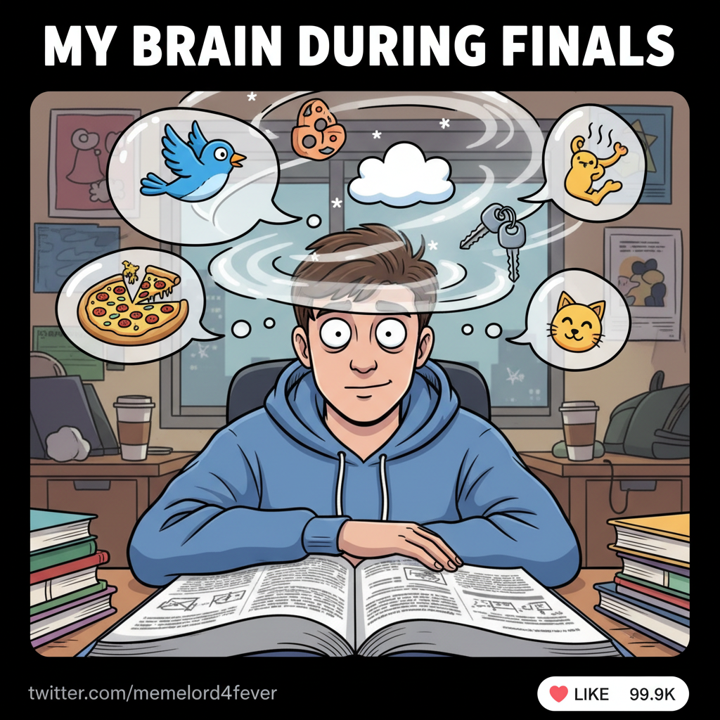 My brain during exam season: 'Is that a bird? What's for dinner? Did I lock the door?'