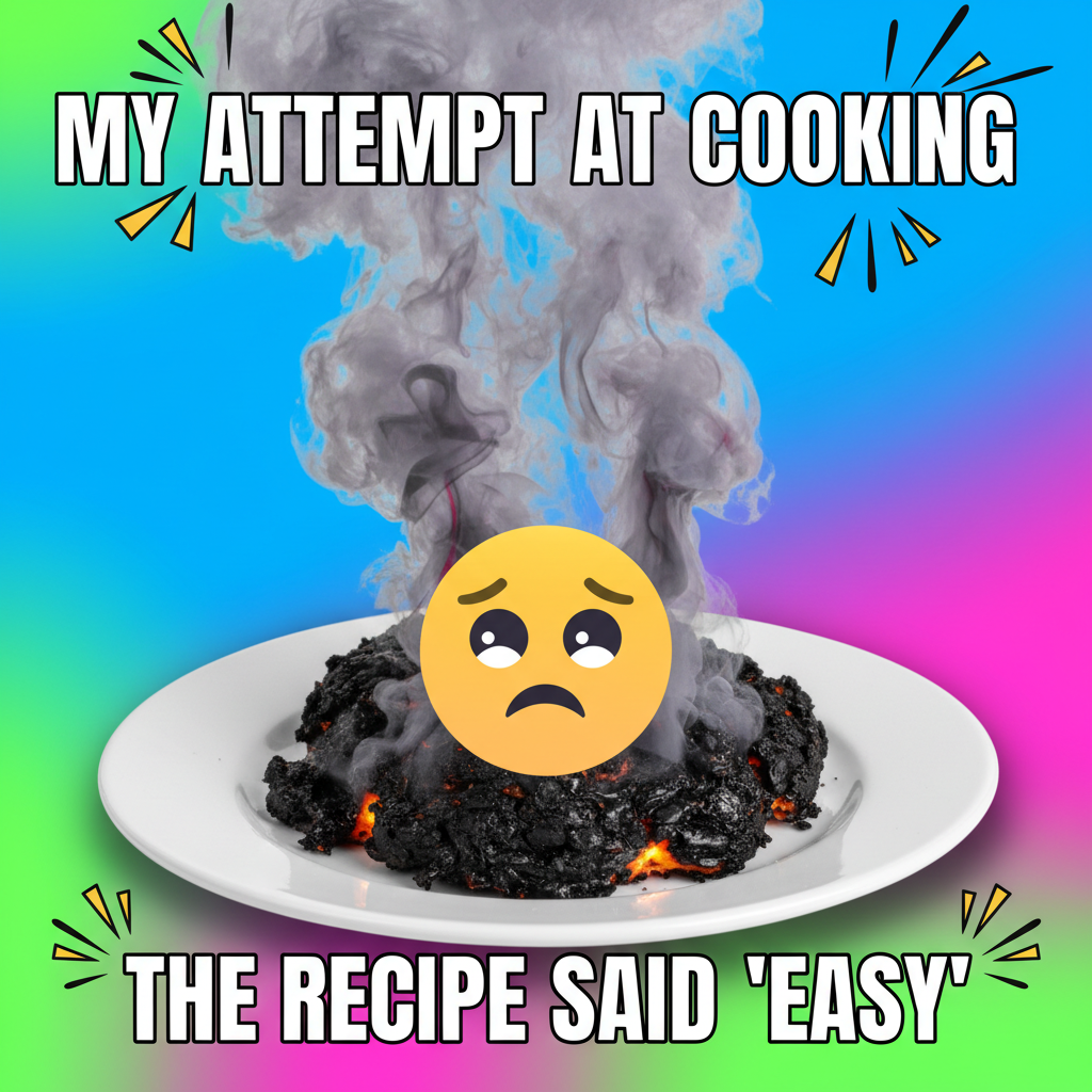 My 'gourmet' meal looks like a crime scene. Send help (and a fire extinguisher).