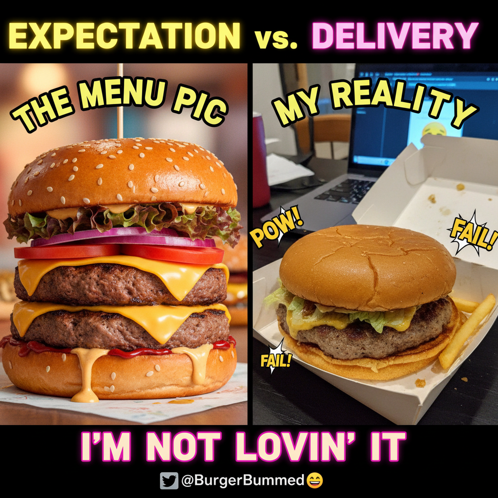Ordered a burger. Got a sad patty and a single pickle slice. The betrayal is real.