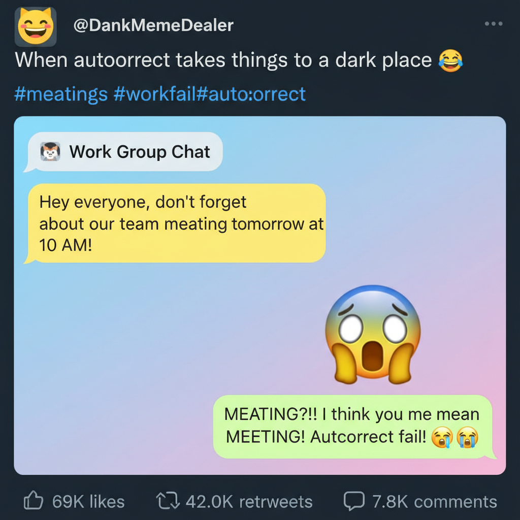 Autocorrect just changed 'meeting' to 'meating'. My boss is gonna think I'm a cannibal.