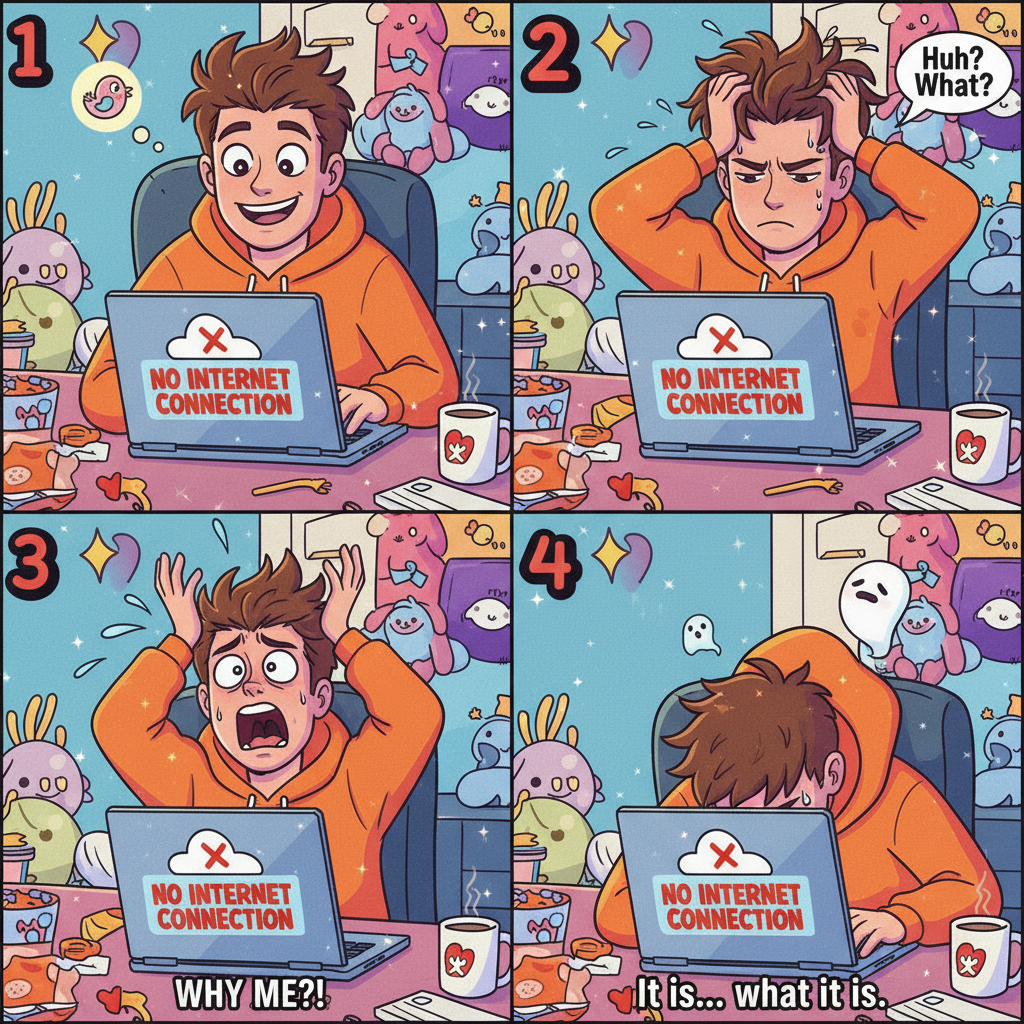 The five stages of grief when the WiFi goes out: denial, anger, bargaining, depression, acceptance (of mobile data).