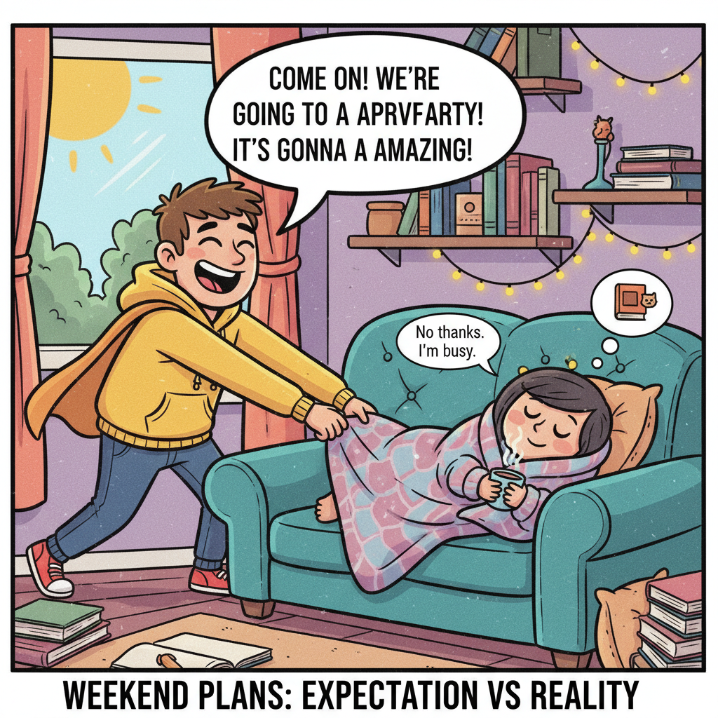 Extrovert: 'Let's go out!' Introvert: *already in bed by 8 PM* 'My couch is calling.'