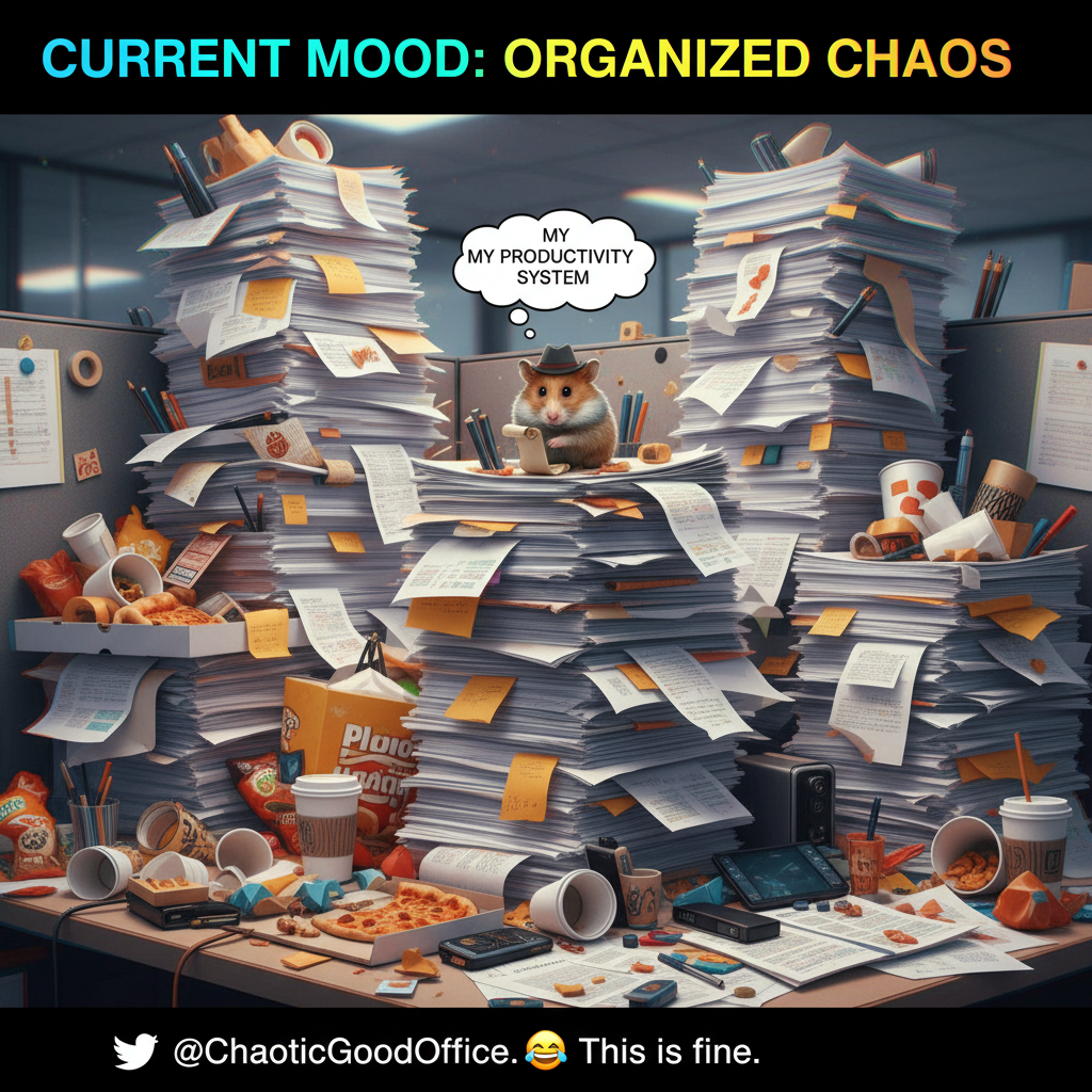 My New Year's resolution was to be more organized. My desk currently looks like a tornado hit a paper factory.