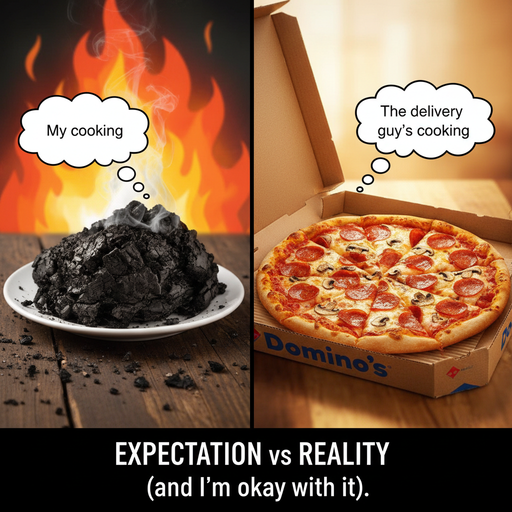 My 'gourmet' dinner ended up looking like a crime scene. Send help (and pizza).