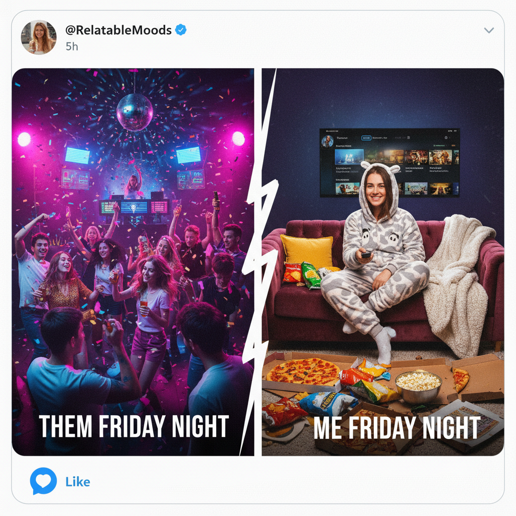 Friday night plans: wild party. Friday night reality: PJs, snacks, and debating my life choices.