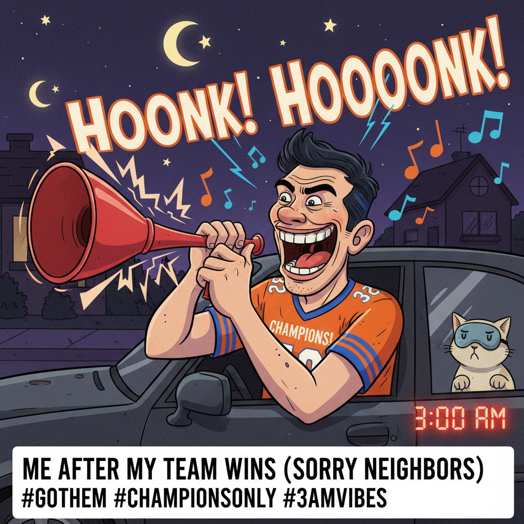 My team won. My neighbor's car horn is still going off. It's 3 AM. Chill, dude. #SportsFans